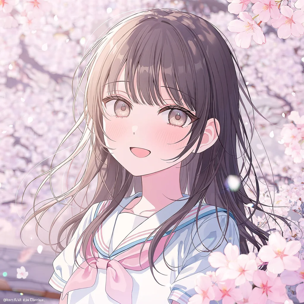 短いタグ列で、制服・笑顔・桜・屋外・上半身を指定した作例。