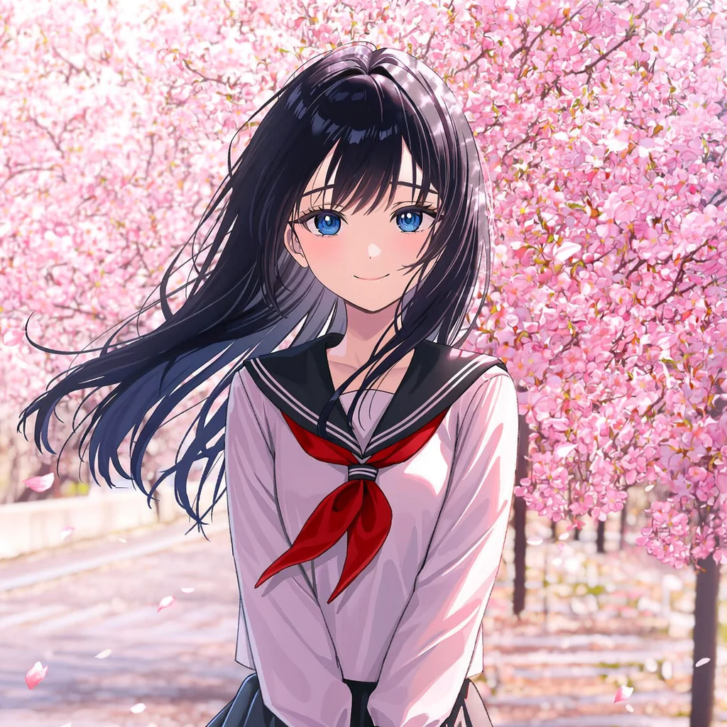 英語のタグ列で生成された、桜の下のセーラー服の女の子。