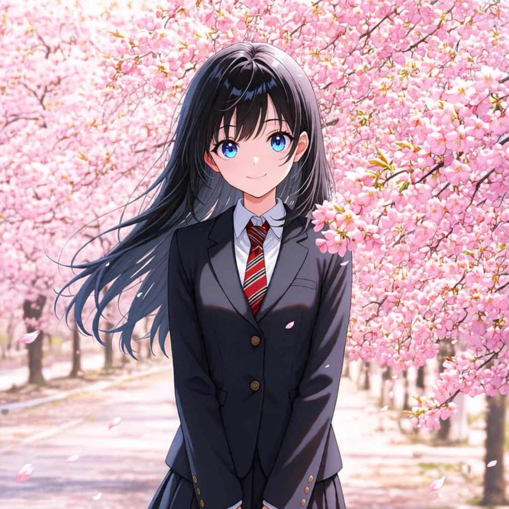 日本語の語列で生成された、桜の下のブレザー姿の女の子。